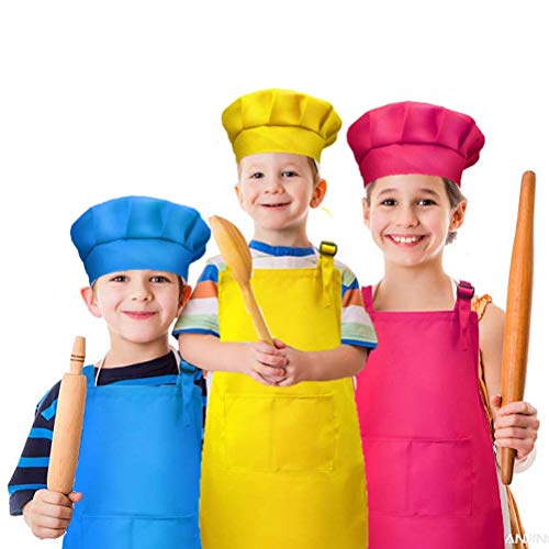 boogift Delantal para Niños y Conjunto de Gorro,Cocinero de Niños Algodón Ajustables de Cocina de Niños Niñas con 2 Bolsillos para Vestido de Cocina Repostería (4 Piezas) (Traje 2)