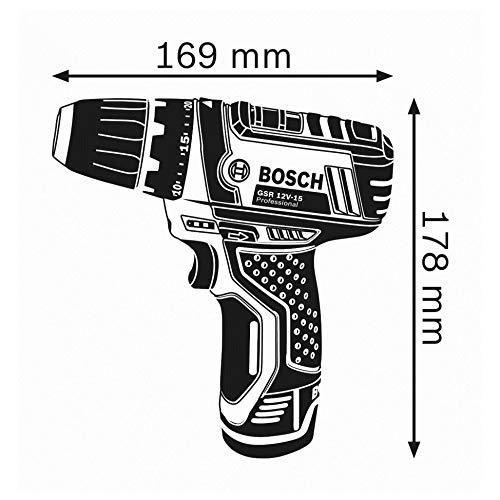 Bosch Professional GSR 12V-15 - Atornillador a batería (1 batería x 2.0 Ah, 1 batería x 4.0 Ah, 12V, 39 accesorios, en maletín de lona)