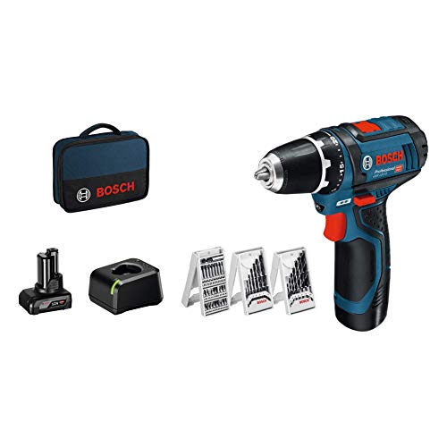 Bosch Professional GSR 12V-15 - Atornillador a batería (1 batería x 2.0 Ah, 1 batería x 4.0 Ah, 12V, 39 accesorios, en maletín de lona)