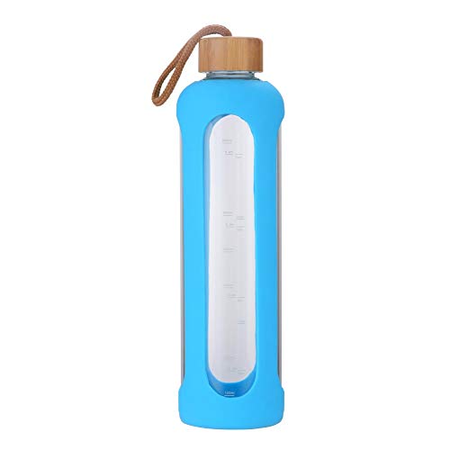 Botella Agua Cristal 1 Litro con Funda Silicona Tapa de Bambú Ecologica Bpa Free Celeste