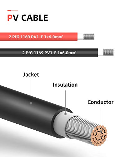 BougeRV Cable de Extensión Solar 6m (20 pies) 10AWG con Conector Hembra y Macho Herramienta de Kit de Adaptador de Panel Solar (20 Pies Rojo + 20 Pies Negro)