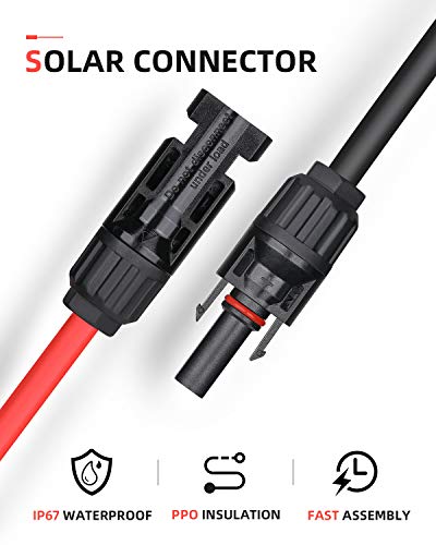 BougeRV Cable de Extensión Solar 6m (20 pies) 10AWG con Conector Hembra y Macho Herramienta de Kit de Adaptador de Panel Solar (20 Pies Rojo + 20 Pies Negro)