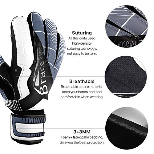 Brace Master Guantes de Portero con Fuerte Agarre y Protección para los Dedos, Guante de Portero de Palma 3 + 3MM para Hombres y Mujeres, Entrenamiento y Partido, Interiores y Exteriores