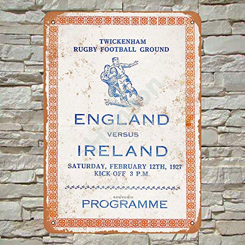 Brandless 1927 Rugby England vs. Ireland Cartel de Hierro Oxidado Decorado con Pintura artística en Placa de estaño Antigua en Placa de Aluminio