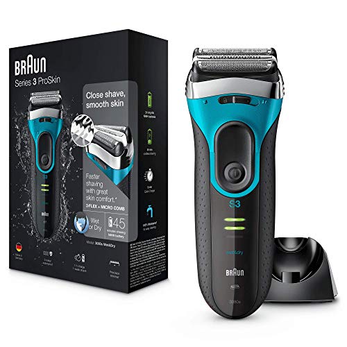 Braun Series 3 ProSkin 3080 s - Afeitadora eléctrica hombre, afeitadora barba inalámbrica y recargable, Wet&Dry, máquina de afeitar, recortadora de precisión extraíble, negro/azul + base de carga