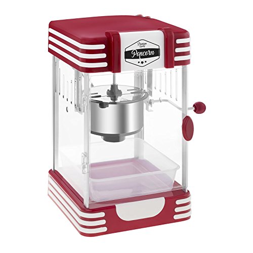 Bredeco BCPK-300-WR Palomitera Mini Máquina de Palomitas (300 W / 100 s, Porción de Maíz 57 g, Revestimiento de Téflon, Cuchara Dosificadora Multi Función incl., 28,5 x 32,5 x 46 cm) Roja Diseño Retro