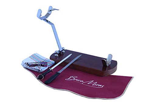 BRICOMIRAS JAMONERO Modelo Plegable Color Nogal, Regalo Pinza Arcos Acero Inoxidable + Cuchillo + CHAIRA + CUBREJAMÓN Y PAÑO, Soporte JAMONERO Ideal Uso DOMÉSTICO Y Profesional (Cubrejamón Burdeos)