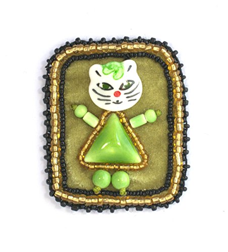 Broche marco de porcelana, diseño de gato, color verde claro y perlas de cristal-Colgante con diseño de fantasía