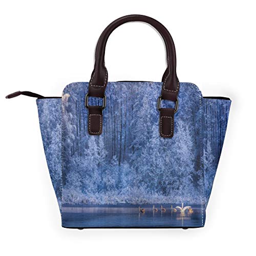 BROWCIN Cisnes de invierno Nadar Lago Anochecer Bosque Dramático Idílico Naturaleza Hielo Clima nevado Escena rural Desmontable Moda Tendencia Bolso de las señoras Bolso de hombro