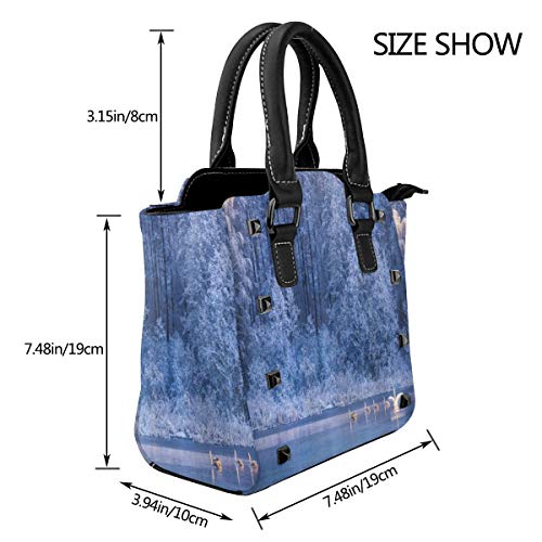 BROWCIN Cisnes de invierno Nadar Lago Anochecer Bosque Dramático Idílico Naturaleza Hielo Clima nevado Escena rural Desmontable Moda Tendencia Bolso de las señoras Bolso de hombro