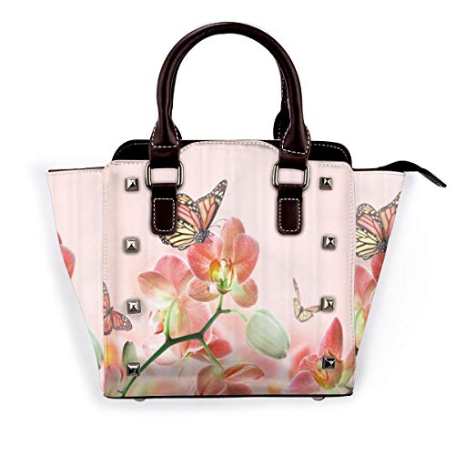 BROWCIN Cymbidium floral flor brote orquídea flor mariposa sobre fondo rosa Desmontable Moda Tendencia Bolso de las señoras Bolso de hombro