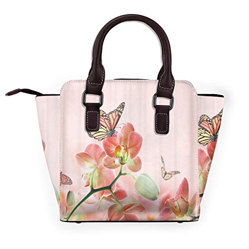 BROWCIN Cymbidium floral flor brote orquídea flor mariposa sobre fondo rosa Desmontable Moda Tendencia Bolso de las señoras Bolso de hombro