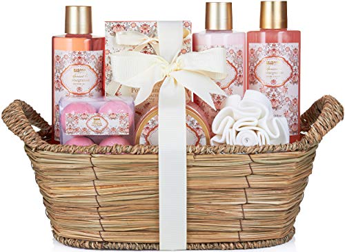 BRUBAKER Cosmetics Set de Baño y Ducha"Apricot & Pomegranate" - Fragancia Albaricoque y Granada - Juego de regalo de 11 piezas en cesta de mimbre