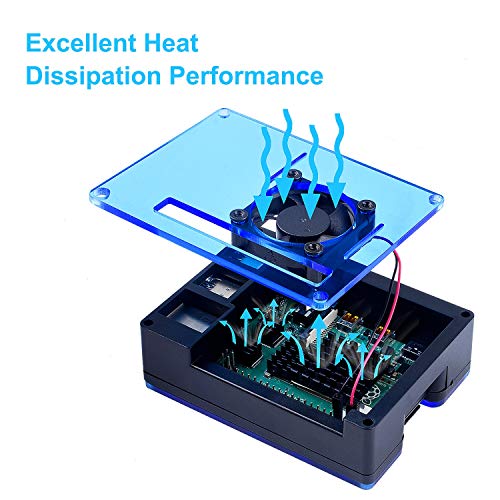 Bruphny Caja para Raspberry Pi 4 con 35mm Ventilador, Cargador de 5V / 3A USB-C, 4 X Disipador, Compatible con Raspberry Pi 4 Modelo B (Gran Ventilador y Disipadores) - Negro y Azul