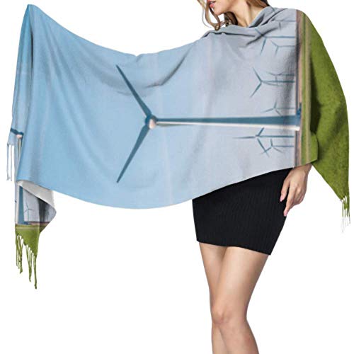 Bufandas de Cachemira Suave de 27"x77 para Mujeres Granja de Molinos de Viento en Alta mar en el océano Bufandas con Flecos para Mujeres Bufanda con Flecos Elegante Manta Grande y cálida