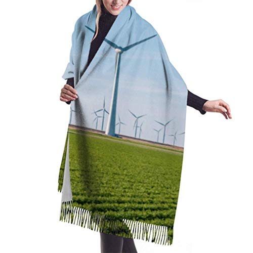 Bufandas de Cachemira Suave de 27"x77 para Mujeres Granja de Molinos de Viento en Alta mar en el océano Bufandas con Flecos para Mujeres Bufanda con Flecos Elegante Manta Grande y cálida