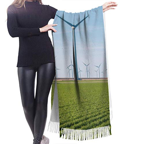 Bufandas de Cachemira Suave de 27"x77 para Mujeres Granja de Molinos de Viento en Alta mar en el océano Bufandas con Flecos para Mujeres Bufanda con Flecos Elegante Manta Grande y cálida