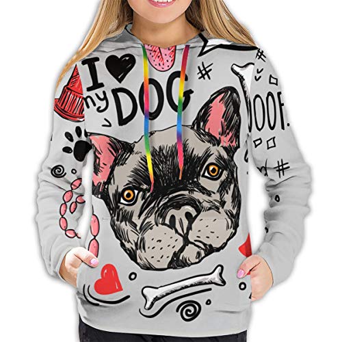 Bulldog francés, Hueso, inscripciones, Salchichas, Boca de Incendios, hocico y Marcas de Perro sobre un Fondo Gris Chaqueta de Manga Larga Casual para Mujer Sudadera con Capucha Sudadera L