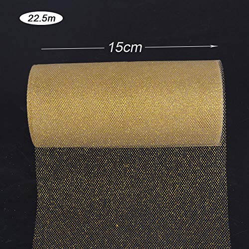 BUONDAC Rollo 22,5 Metro Cinta Tela Tul Tulle Dorado con Purpurina Ancho 15cm Decoración Hogar Boda Navidad Novia Fiesta Manualidades DIY Envolver Regalos Tutú Falda