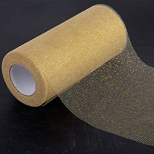 BUONDAC Rollo 22,5 Metro Cinta Tela Tul Tulle Dorado con Purpurina Ancho 15cm Decoración Hogar Boda Navidad Novia Fiesta Manualidades DIY Envolver Regalos Tutú Falda