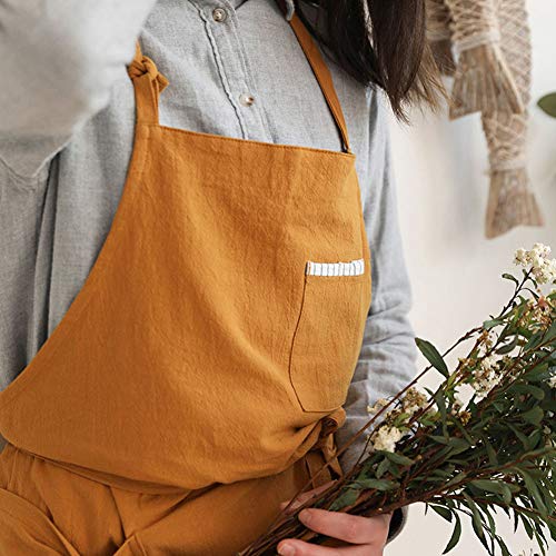 Buyfunny01 Babero delantal de jardinería con bolsillos, pintura sólida, estilo japonés, cocina casual, limpieza y trabajo ajustable para el hogar (amarillo)