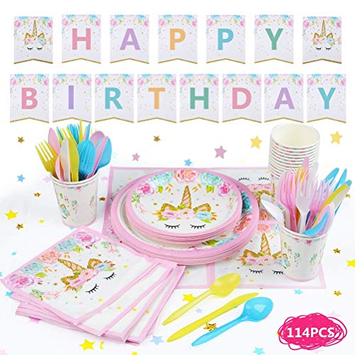 BUYGOO 114 Piezas Vajilla Desechable Cumpleaños Unicornio 16 Juego de Platos Desechables Biodegradables Pancarta,Platos, Vasos, Vajilla, Servilletas y Mantel Decoraciones de Fiesta para Niños