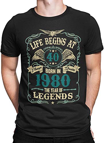 buzz shirts Mens 40th Birthday T-Shirt - Life Begins at 40 Gift - Born in 1980 (Large, Black)