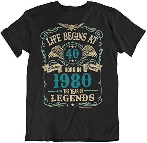 buzz shirts Mens 40th Birthday T-Shirt - Life Begins at 40 Gift - Born in 1980 (Large, Black)