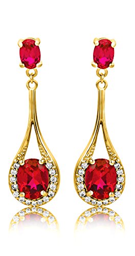 ByJoy Pendientes Mujer Plata de Ley (925/1000) Plata Talla Ovalada Rojo Rubí Sintético Circonita