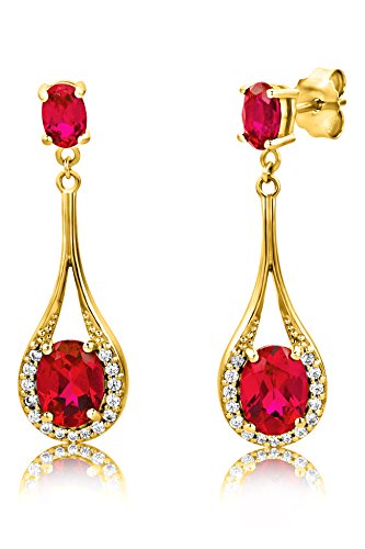 ByJoy Pendientes Mujer Plata de Ley (925/1000) Plata Talla Ovalada Rojo Rubí Sintético Circonita