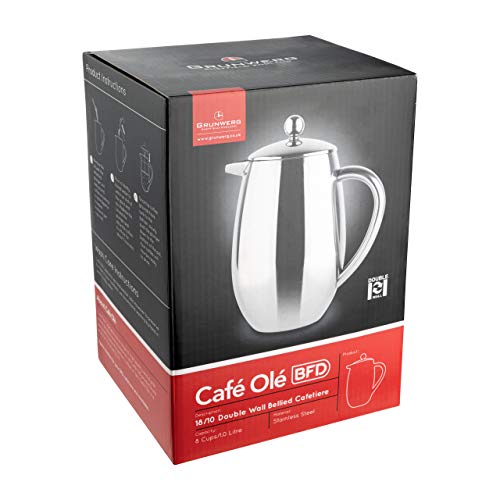 Cafetera de 3 tazas con doble revestimiento y lateral recto, color plateado, efecto espejo, 0,35 ml, de Café Ole, acero inoxidable, espejo, 0.8 l