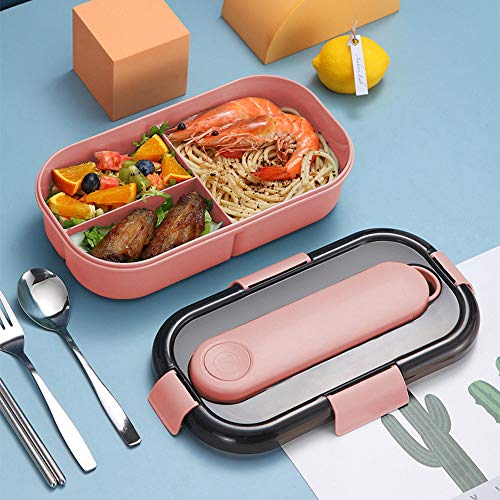 Caja Bento Con Cubiertos, ZoneYan Fiambrera Caja de Almuerzo para Microondas, Bento Box Con 3 Compartimentos y Cubiertos, Cuchara Tenedor Lonchera, Caja de Bento(Azul y Rosa) (rosado)