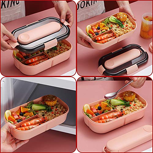 Caja Bento Con Cubiertos, ZoneYan Fiambrera Caja de Almuerzo para Microondas, Bento Box Con 3 Compartimentos y Cubiertos, Cuchara Tenedor Lonchera, Caja de Bento(Azul y Rosa) (rosado)