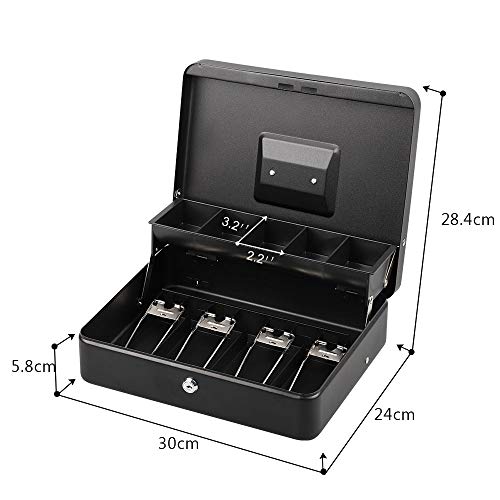 Caja de Dinero de Metal Caja de Seguridad con Cerradura, Moneda y Billetes Caja de Dinero Grande con Cerradura - 2019 Nueva Caja de Dinero de Metal 100% Segura, 30 cm x 24 cm x 9 cm, Negro