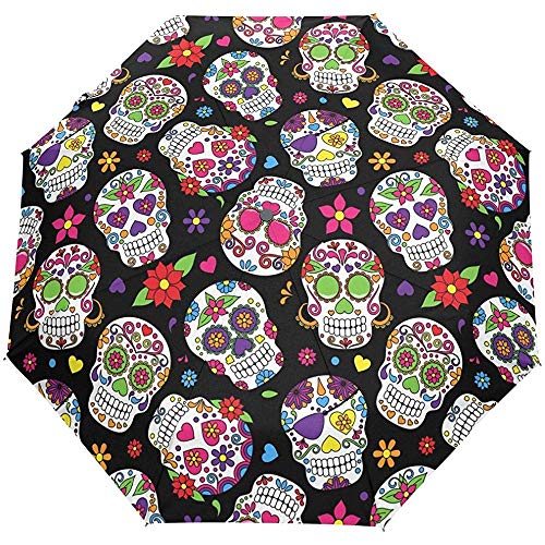 Calaveras de Halloween Hola Bienvenido Flores Florales Azúcares Auto Abrir Cerrar Paraguas Anti UV Plegable Paraguas automático Compacto