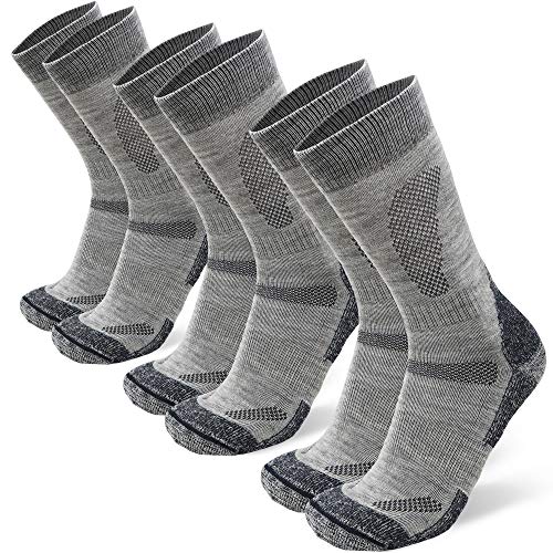 Calcetines de Senderismo y Trekking de Lana Merina para Hombre, Mujer y Niños, Otoño e Invierno, Calcetines Térmicos de montaña, Pack de 3 (Gris Claro, EU 43-47)