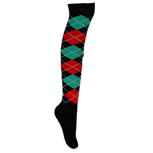 Calcetines para mujer y niña de algodón con rombos rosas sobre la rodilla en 16 diseños, talla 4 – 6 Verde Negro, verde y rojo.  37/39.5EU