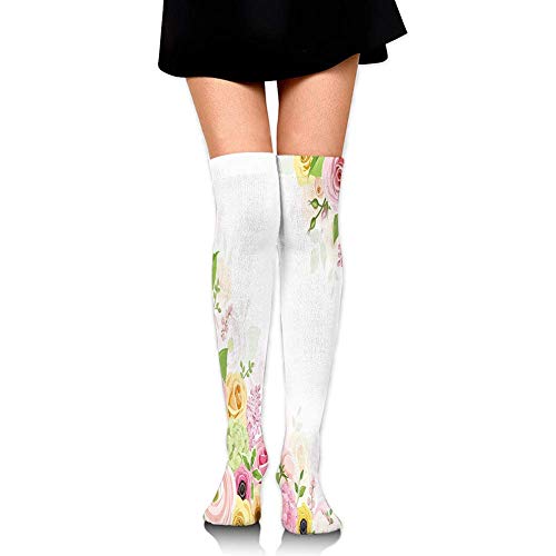 Calcetines por encima de la rodilla, rosas Ranunculus y flores de hortensias y marco de hojas verdes, 60 cm