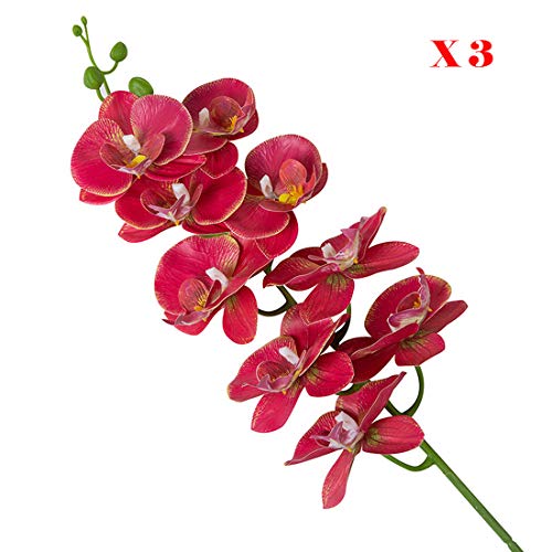 Calcifer Ramo de orquídeas Artificiales de látex de Tacto Real para decoración de Bodas, Fiestas, hogar, jardín, Fucsia (9 Cabezas/Tallo), 3 Stems