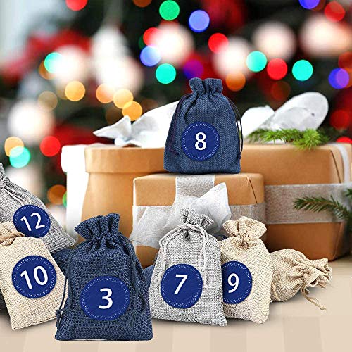 Calendario de Adviento para llenar Bolsa 24,Calendario de Adviento Navidad,Bolsa de Regalo Pequeña,Bolsas Pequeñas Navidad,Bolsitas de Tela Pequeñas, Bolsas de Yute para Rellenar con 1-24 Pegatinas