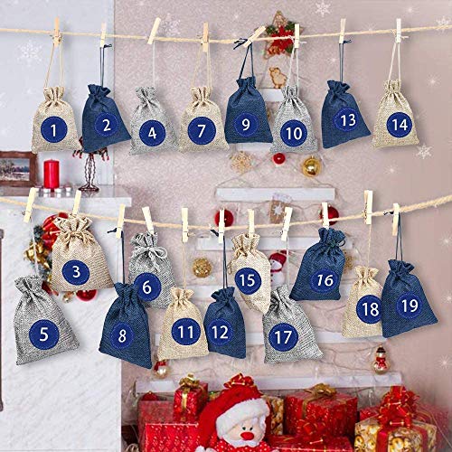 Calendario de Adviento para llenar Bolsa 24,Calendario de Adviento Navidad,Bolsa de Regalo Pequeña,Bolsas Pequeñas Navidad,Bolsitas de Tela Pequeñas, Bolsas de Yute para Rellenar con 1-24 Pegatinas