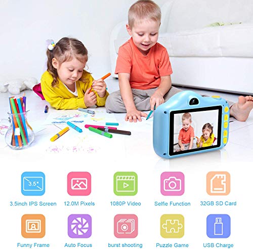 Cámara para Niños Infantil Cámara de Fotos Digital Cámara Juguete para Niños 3.5 Pulgadas 12MP 1080P HD Selfie Video Cámara Regalos Ideales para Niños Niñas de 3-10 Años con Tarjeta TF 32 GB (azul)