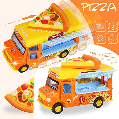 Camión de Comida Juguete Coche Propulsado y Pull-back Vehículo Aleación Boutique con Pizza Magnética para Activar la Música&Luz Puerta y Toldo Movibles Camión Food Truck Regalo Ideal para Niño 3+ Años