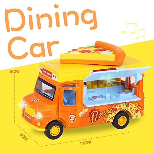 Camión de Comida Juguete Coche Propulsado y Pull-back Vehículo Aleación Boutique con Pizza Magnética para Activar la Música&Luz Puerta y Toldo Movibles Camión Food Truck Regalo Ideal para Niño 3+ Años