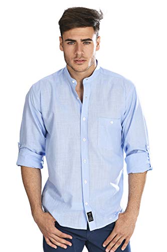 Camisa Manga Larga con Tejido Tipo Lino Azul y Cuello Mao para Hombre - 2_S, Azul Claro