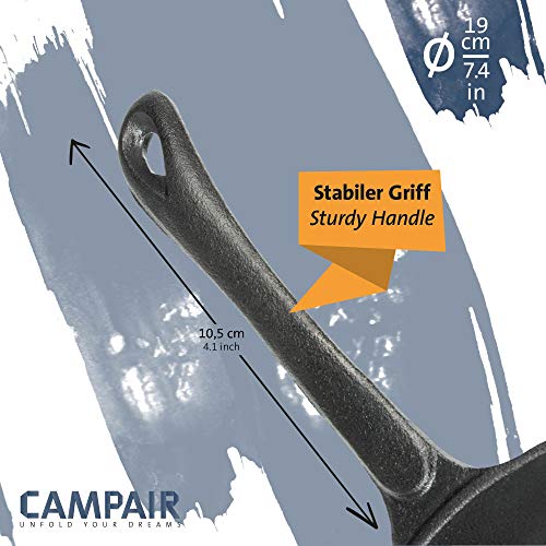 CampAir Sartén de hierro fundido con mango Ø 19cm - Hierro pesado, larga vida, color negro