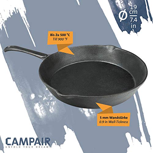 CampAir Sartén de hierro fundido con mango Ø 19cm - Hierro pesado, larga vida, color negro