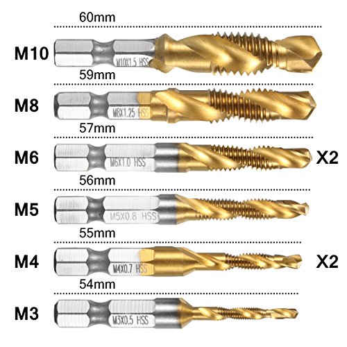 Camtek 8 piezas combinado Titanio brocas rosca HSS 1/4 Vástago HSS Tornillo Manual MétricoTornillos de Taladro Chapado de titanio Color cobre