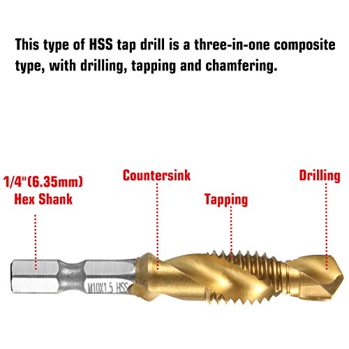 Camtek 8 piezas combinado Titanio brocas rosca HSS 1/4 Vástago HSS Tornillo Manual MétricoTornillos de Taladro Chapado de titanio Color cobre