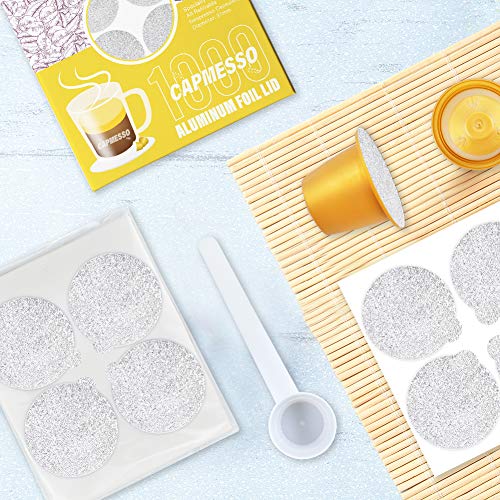 CAPMESSO Filtros Cápsulas de Café compatibles con Nespresso+ Tapas de Papel de Aluminio Autoadhesivas (1000 vainas + 6 Tapas + Cuchara)